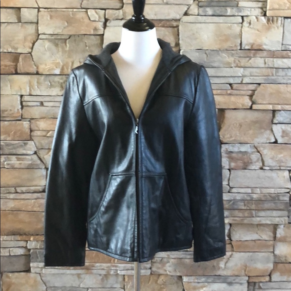 Black leather hooded jacket